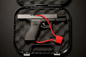An example of a safely locked pistol prepared for transportation in California